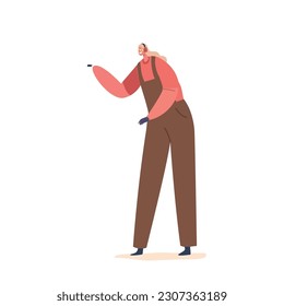 Skilled Carpenter Woman With Expertise In Woodworking, Crafting And Construction. Female Character Wear Working Overalls