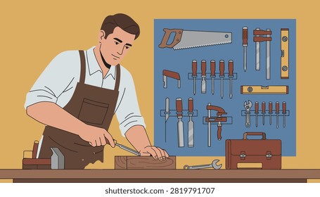 Skilled carpenter working with wood in a professional workshop featuring a wall board filled with various manual carpentry tools.