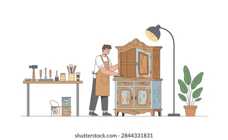 Skilled carpenter working in a workshop to restore a classic wooden cabinet, using sander and traditional woodworking tools.