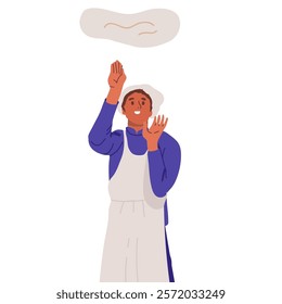 Skilled Chef Character Deftly Tosses Pizza Dough Into The Air Creating Mesmerizing Dance Of Flour And Dough, Crafting The Perfect Canvas For A Delicious Masterpiece. Vector Illustration