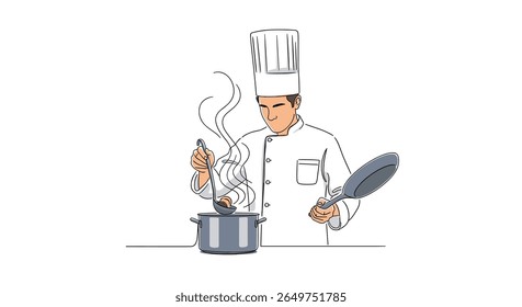 Skilled chef expertly preparing a delicious meal with culinary flair and aromatic steam rising from a pot