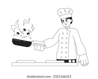 Skilled chef flipping vegetables monochromatic flat vector character. Editable thin line half body young man in uniform cooking on white. Simple bw cartoon spot image for web graphic design