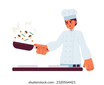 Skilled chef flipping vegetables semi flat colorful vector character. Editable half body caucasian cooking person on white. Simple cartoon spot illustration for web graphic design