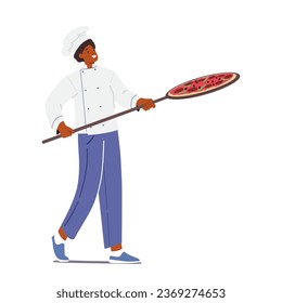 Skilled Chef Male Character Expertly Balances A Freshly Baked Pizza On A Rustic Wooden Shovel, Ready To Serve Piping Hot And Delicious. Culinary Mastery In Action. Cartoon People Vector Illustration