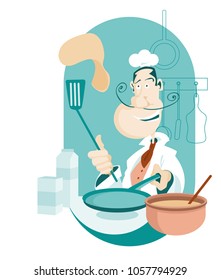 Skilled chef with mustaches making pancakes in the kitchen with the necessities for cooking around him on turquoise background