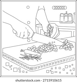 A skilled chef precisely chopping fresh vegetables and herbs on a cutting board in a busy kitchen Vector, illustration, coloring page , cooking