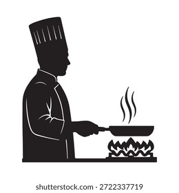 Ein erfahrener Küchenchef bereitet eine köstliche Mahlzeit zu, die gekonnt mit einer brühenden Pfanne auf einem heißen Herd zubereitet wird