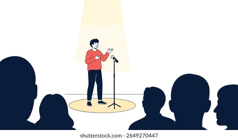 A skilled comedian captivates the audience with a captivating performance under a spotlight on a circular stage