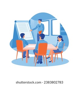 Skilled company leaders hold meetings with employees. They focused on listening to the meeting leader's explanation. Briefings concept. trend modern vector flat illustration