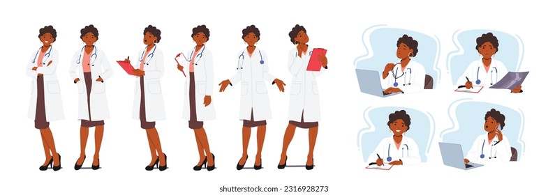 El Carácter Médico Femenino Especializado Y Compasivo Proporciona Una Atención Médica Excelente Con Experiencia, Empatía Y Dedicación, Promoviendo El Bienestar Y La Sanación De Los Pacientes. Ilustración de vectores de personas de caricatura