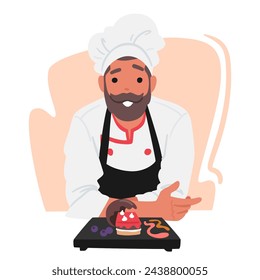 Skilled Confectioner Male Character Unveils An Exquisite Pastry with Chocolate and Cream On Wooden Tray, Beaming With Pride, Performing Edible Masterpiece. Cartoon People Vector Illustration