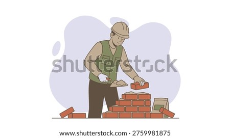 Skilled Construction Worker Laying Bricks with Trowel and Mortar, Building a Wall, Symbolizing Hard Work and Development