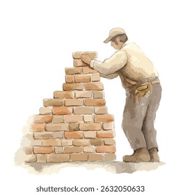 A skilled craftsman, depicted in a light beige-tan color palette, is meticulously placing bricks to build a wall. The illustration's style is reminiscent of watercolor painting, with soft edges.