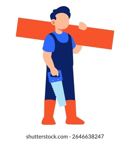 A skilled craftsman dressed in bright colors holds a wood plank and a saw showing readiness for woodworking carpentry and home projects
