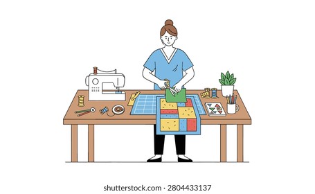 Skilled craftswoman uses scissors to cut fabric pieces for a handmade quilt on a wooden table surrounded by sewing tools and patterns.