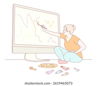 A skilled digital artist creates vibrant abstract designs on a computer, expressing creativity through colorful visuals