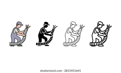 Skilled electrician technician installing electrical wires cable conduit icon set