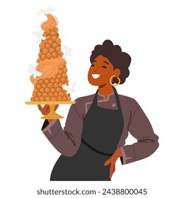 Skilled Female Confectioner Character Beams Proudly, Holding A Tray Adorned With Exquisite Chocolate Truffles, Their Glossy Surfaces Artfully Dusted With Gold Leaf. Cartoon People Vector Illustration