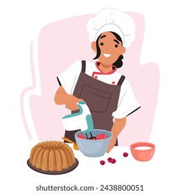 Skilled Female Confectioner Character Meticulously Blends Cream For A Cake, Her Blender Whirring Smoothly Through The Rich, Velvety Mixture, Crafting The Perfect Consistency For Decorating, Vector