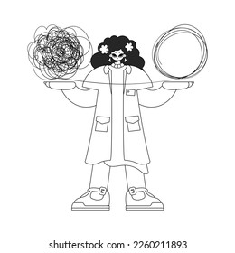Skilled Female doctor demonstrates confused thoughts. Theme of psychology. Linear black and white style.