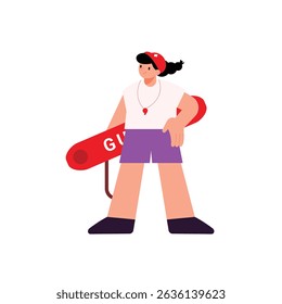 Skilled female lifeguard character holding a red rescue buoy in one hand, ensuring safety, alertness, and rescue preparedness at a swimming pool or beach.