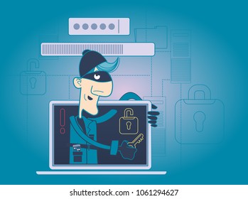 Skilled hacker with mask comes out of a computer screen and stealing password and digital information trough internet, cyber criminal concept