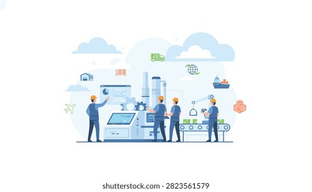 Skilled industrial team utilizing advanced computerized manufacturing systems to optimize production and logistics in a smart factory environment.