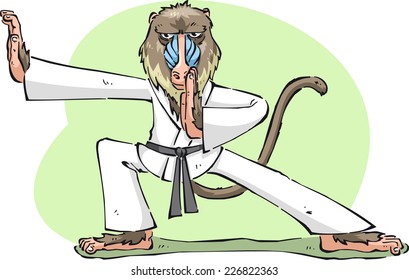 skilled Karate mandrill monkey ape standing concentrated ready to fight martial artist vector illustration.