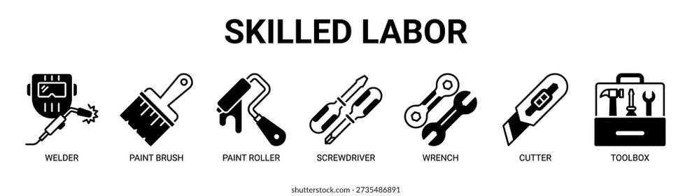 Skilled Labor web banner icon vector illustration concept with icon of welder, paint brush, paint roller, screwdriver, wrench, cutter, and toolbox.