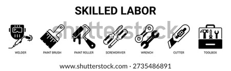 Skilled Labor web banner icon vector illustration concept with icon of welder, paint brush, paint roller, screwdriver, wrench, cutter, and toolbox.