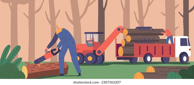 Skilled Lumberjack Team Diligently Prepares Wood. Male Character Employing Chainsaw Efficiently Sawing Timber