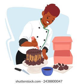 Personaje De Confitero Masculino Hábil Adorna Delicadamente Un Pastel Con Un Delicioso Esmalte De Chocolate, Mostrando Precisión Y Pasión En Cada Golpe Artístico. Ilustración vectorial de personas de dibujos animados