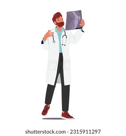 Skilled Male Doctor Character Analyzing An X-ray Image With Expertise And Precision, Utilizing Medical Knowledge To Diagnose And Provide Appropriate Care. Cartoon People Vector Illustration