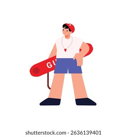 Skilled male lifeguard character holding a red rescue buoy in one hand, ensuring safety, alertness, and rescue preparedness at a swimming pool or beach. 