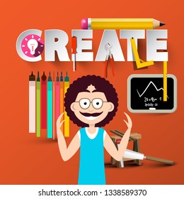 Skilled Man in Workroom with Creative Tools and Create Title on Background. Vector Creativity Concept.