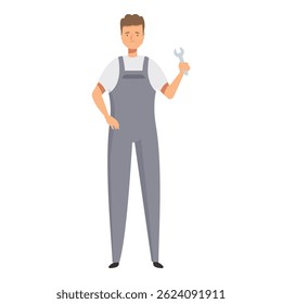 Skilled mechanic is standing proudly, holding a wrench in his hand, ready to tackle any repair task