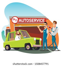 Skilled Mechanic Team Welcoming Client on Car with Punctured Tire. Vehicle Owner Need Help. Master Ready to Replace Broken Shoes. Round-the-Clock Automotive Service. Vector Flat Cartoon Illustration