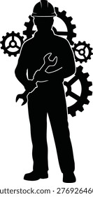 Skilled mechanical worker silhouette representing engineering and industry concepts with tools and gears