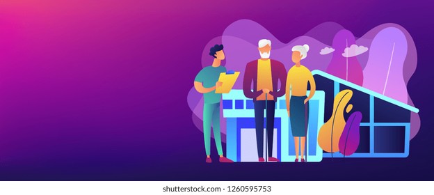 Skilled nurse and elderly people getting around-the-clock nursing care. Nursing home, nursing residential care, physical therapy service concept. Header or footer banner template with copy space.