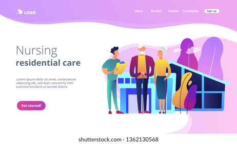 Skilled nurse and elderly people getting around-the-clock nursing care. Nursing home, nursing residential care, physical therapy service concept. Website vibrant violet landing web page template.