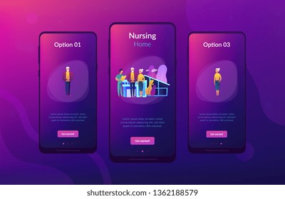 Skilled nurse and elderly people getting around-the-clock nursing care. Nursing home, nursing residential care, physical therapy service concept. Mobile UI UX GUI template, app interface wireframe