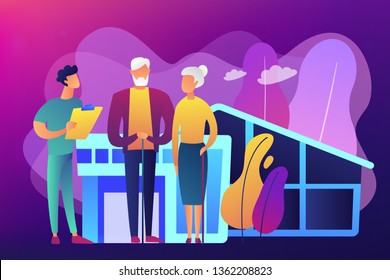 Skilled nurse and elderly people getting around-the-clock nursing care. Nursing home, nursing residential care, physical therapy service concept. Bright vibrant violet vector isolated illustration