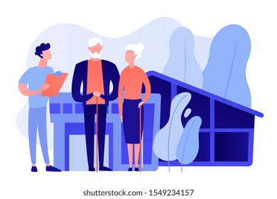 Skilled nurse and elderly people getting around-the-clock nursing care. Nursing home, nursing residential care, physical therapy service concept. Pinkish coral bluevector vector isolated illustration