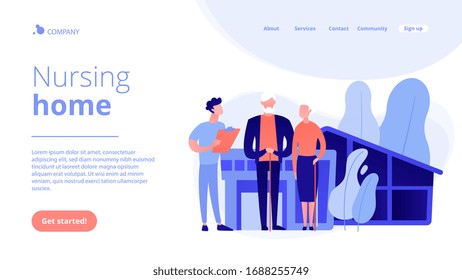 Skilled nurse and elderly people getting around-the-clock nursing care. Nursing home, nursing residential care, physical therapy service concept. Website vibrant violet landing web page template.