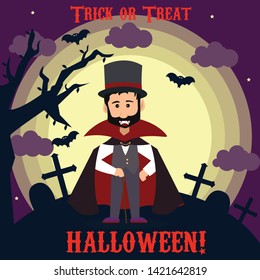 Skilled old vampire in cape and with walking stick in Halloween with background 