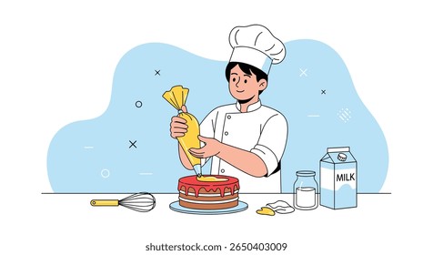 Skilled pastry chef expertly decorates delicious chocolate cake with creamy frosting and fresh berries