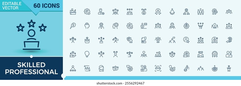 Skilled Professional thin line icon set. Contains related to specific, consultant, advice, help, expert, qualification and more. Simple line vector. Vector icons editable stroke.