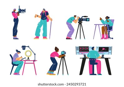 Skilled and professional video makers and editors set, flat vector illustration isolated on white background. Videographers and video makers creating and editing videos.