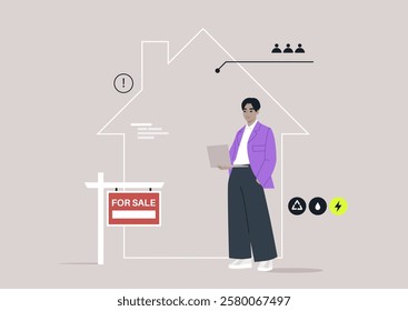 A skilled real estate agent stands confidently beside a vibrant for sale sign, utilizing a laptop to engage potential buyers amidst modern graphic elements expressing urgency and efficiency