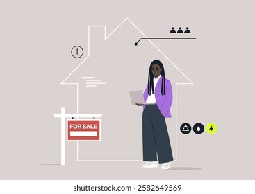 A skilled real estate agent stands confidently beside a vibrant for sale sign, utilizing a laptop to engage potential buyers amidst modern graphic elements expressing urgency and efficiency